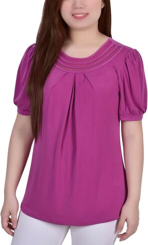 Mesh Inset Petite Top with Short Puff Sleeves by NY Collection in Kuwait