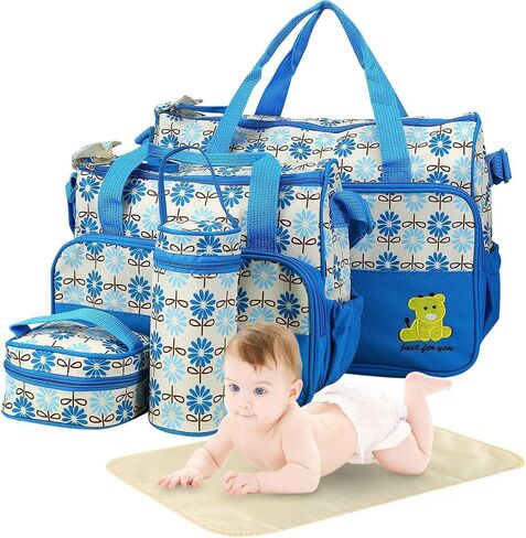 5Pcs Diaper Bag Tote Set,Large Mommy Bag with Portable Nappy Changing Pad,Pacifier Case,Travel Baby Bags for Mom in Saudi Arabia