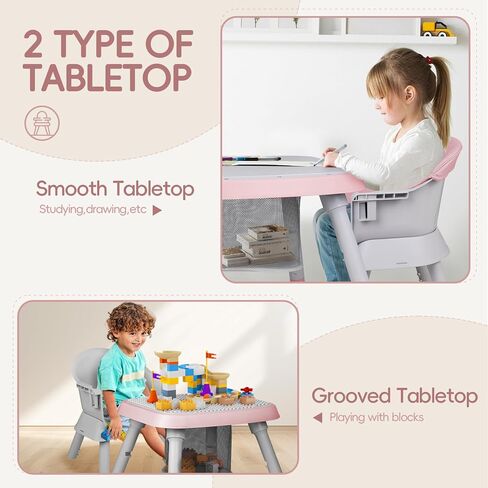 كرسي مرتفع 8 في 1 للرضع والأطفال الصغار، يتحول إلى مقعد معزّز لتناول الطعام، مجموعة طاولة وكرسي للأطفال، طاولة مكعبات بناء، طاولة تعلم للأطفال، صينية مزدوجة قابلة للإزالة، رمادي in Kuwait
