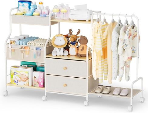 BBLIKE Diaper Caddy Organizer with Hanging Rack - 3 Tier Rolling Utility Cart with Drawers and Dividers for Baby Bottle Storage - Bedside Cart for Changing Station, Crib, Nursery, Bedroom, Beige in Kuwait