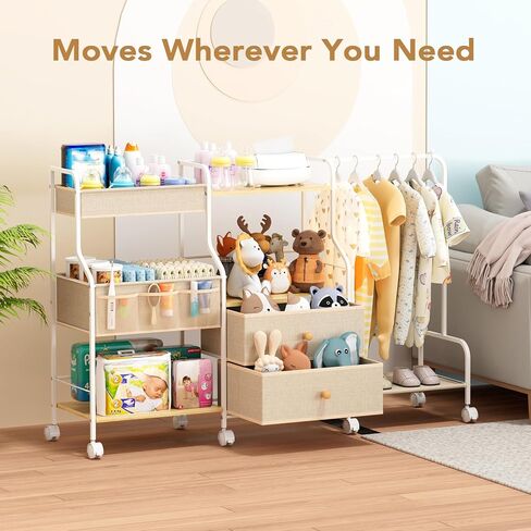BBLIKE Diaper Caddy Organizer with Hanging Rack - 3 Tier Rolling Utility Cart with Drawers and Dividers for Baby Bottle Storage - Bedside Cart for Changing Station, Crib, Nursery, Bedroom, Beige in Kuwait