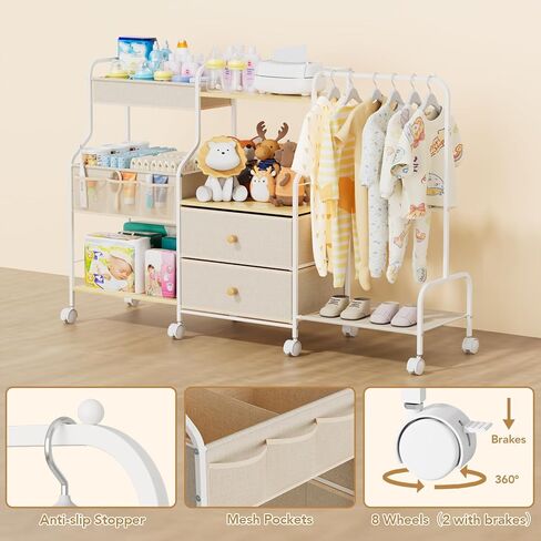 BBLIKE Diaper Caddy Organizer with Hanging Rack - 3 Tier Rolling Utility Cart with Drawers and Dividers for Baby Bottle Storage - Bedside Cart for Changing Station, Crib, Nursery, Bedroom, Beige in Kuwait