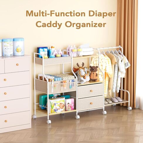 BBLIKE Diaper Caddy Organizer with Hanging Rack - 3 Tier Rolling Utility Cart with Drawers and Dividers for Baby Bottle Storage - Bedside Cart for Changing Station, Crib, Nursery, Bedroom, Beige in Kuwait