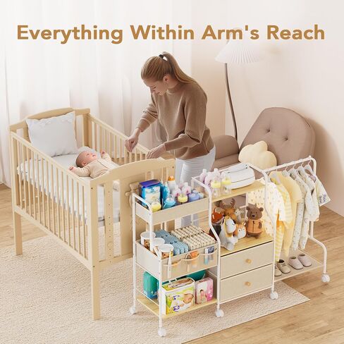 BBLIKE Diaper Caddy Organizer with Hanging Rack - 3 Tier Rolling Utility Cart with Drawers and Dividers for Baby Bottle Storage - Bedside Cart for Changing Station, Crib, Nursery, Bedroom, Beige in Kuwait