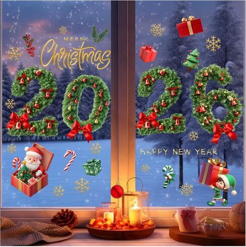 Christmas Window Stickers, 2026 Santa Claus, Pine Needle, Bell, Snowflake Stickers, Home Kitchen Decor Accessories Christmas Decorations in Kuwait