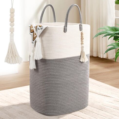 65L Woven Laundry Basket for Clothes, Large Rectangle Laundry Hampers with Beads Tassel, Nursery Storage Basket for Toys, Tall Dirty Clothes Hamper for Bedroom Aesthetic, Laundry Room Organization in Kuwait