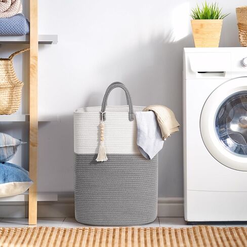 65L Woven Laundry Basket for Clothes, Large Rectangle Laundry Hampers with Beads Tassel, Nursery Storage Basket for Toys, Tall Dirty Clothes Hamper for Bedroom Aesthetic, Laundry Room Organization in Kuwait