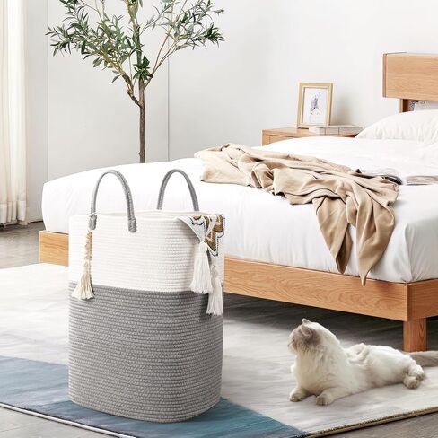 65L Woven Laundry Basket for Clothes, Large Rectangle Laundry Hampers with Beads Tassel, Nursery Storage Basket for Toys, Tall Dirty Clothes Hamper for Bedroom Aesthetic, Laundry Room Organization in Kuwait
