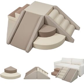 Merax Indoor Climbing Toys for Toddlers, 9-Piece Foam Climbing Blocks Climb & Crawl Tunnel Soft Play Set (9-Piece Cappuccino) in Kuwait