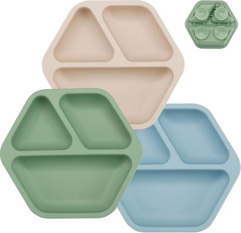 PandaEar 3 Pack Toddler Plates, Hexagon Divided Suction Plates for Baby, 100% Food Grade Silicone Baby Plates, Non-Slip, Baby Led Weaning Supplies, Microwave & Dishwasher Safe in Saudi Arabia