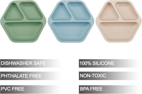 PandaEar 3 Pack Toddler Plates, Hexagon Divided Suction Plates for Baby, 100% Food Grade Silicone Baby Plates, Non-Slip, Baby Led Weaning Supplies, Microwave & Dishwasher Safe in Saudi Arabia