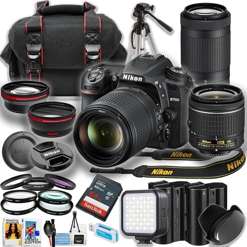 Nikon D7500 DSLR Camera w/AF-P 18-55mm and AF-P DX NIKKOR 70-300mm ED VR + SanDisk 64GB Ultra Memory Card + Tripod + Camera Case + Spare High Capacity Battery + More (18pc Bundle) (Renewed) in Saudi Arabia