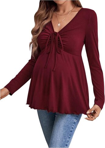 MakeMeChic Women's Maternity Shirts Mesh V Neck Tie Front Ruched Ruffle Long Sleeve Pregnancy Tops in Saudi Arabia