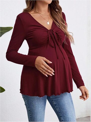 MakeMeChic Women's Maternity Shirts Mesh V Neck Tie Front Ruched Ruffle Long Sleeve Pregnancy Tops in Saudi Arabia