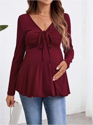 MakeMeChic Women's Maternity Shirts Mesh V Neck Tie Front Ruched Ruffle Long Sleeve Pregnancy Tops in Saudi Arabia