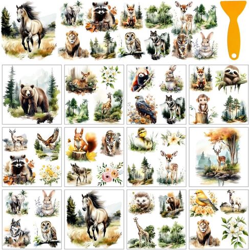 AHANDMAKER 12 Sheets Animals Rub On Transfer Stickers with Scraper, Forest Animals Stickers Furniture Decal for Bookstore, Study Room, Nursery School, Window Decoration, 5.5x5.5 in Saudi Arabia