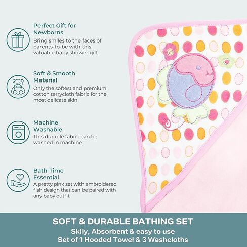 مجموعة منشفة حمام ومناشف بغطاء للرأس من سباسيلك لحديثي الولادة، منشفة أطفال تيري ناعمة و3 مناشف أطفال، أساسيات الطفل، مثالية، مقاس واحد، فراشة وردية in Kuwait