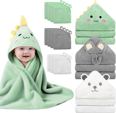 14 PCS Baby Towels, 3 PCS Soft Hooded Baby Towels & 11 PCS Washcloths, Baby Bath Towels for Newborns, Infants & Toddlers, Ultra Absorbent, Cute Baby Towel Gift for Boys & Girls in Saudi Arabia