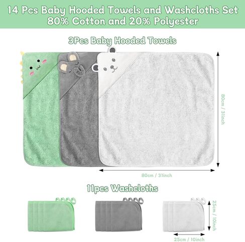 14 PCS Baby Towels, 3 PCS Soft Hooded Baby Towels & 11 PCS Washcloths, Baby Bath Towels for Newborns, Infants & Toddlers, Ultra Absorbent, Cute Baby Towel Gift for Boys & Girls in Saudi Arabia