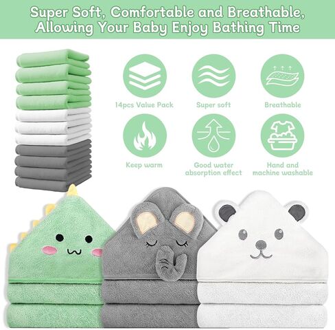 14 PCS Baby Towels, 3 PCS Soft Hooded Baby Towels & 11 PCS Washcloths, Baby Bath Towels for Newborns, Infants & Toddlers, Ultra Absorbent, Cute Baby Towel Gift for Boys & Girls in Saudi Arabia
