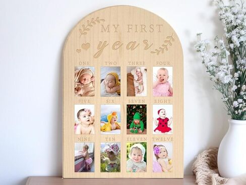 لوحة صور My First Year، إطار عرض خشبي كبير لطفل رضيع لمدة 12 شهرًا، ديكورات عيد الميلاد الأول هدية تذكارية لحضانة فتاة صبي للأم الجديدة، ألبوم صوري الأول للطفل in Kuwait