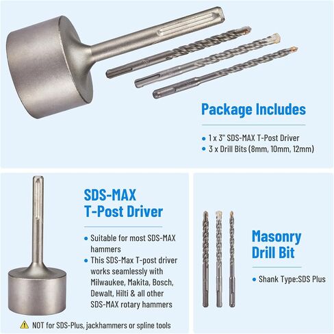 SDS Max Shank T-Post Driver, 3" Diameter Head for SDS-Max Rotary Hammers | Heavy-Duty Fence Post Pounder Compatible With Standard T Posts and Ground Rods in Saudi Arabia