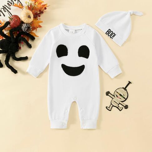 My First Halloween Baby Boy Girl Outfit Hey Boo Long Sleeve Ghost Jumpsuit Romper Newborn Halloween Clothes 0-18M in Saudi Arabia