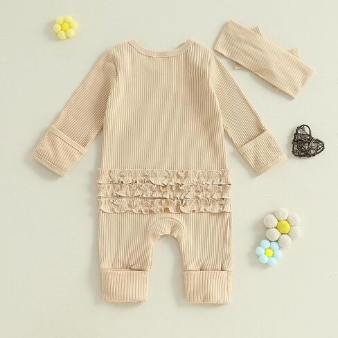 WZTYYDS Newborn Baby Girl Clothes Ribbed Romper Print Long Sleeve Jumpsuits Bow Headband Set Infant One-piece Outfits in Saudi Arabia