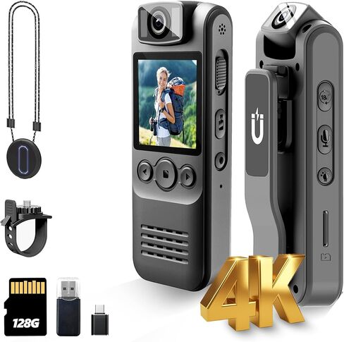 كاميرا الجسم بدقة 4K بسعة 128 جيجابايت، وتسجيل الصوت والفيديو، مع مشبك خلفي مغناطيسي وحامل للدراجة، وعدسة دوارة بزاوية 180 درجة، وكاميرا جسم محمولة يمكن ارتداؤها للاستخدام في الهواء الطلق/الرياضة/الأمن/الشرطة in Kuwait