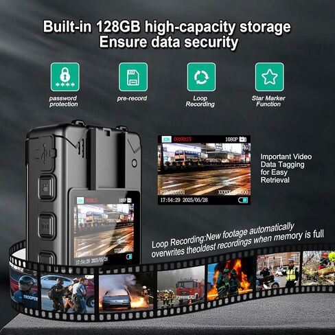 1440P 2K Police Body Camera, 128GB,14H Battery, 2.0" LCD, USB-C,Night Vision, Waterproof Shockproof Lightweight Data-encrypt Body Cam for Law Enforcement in Saudi Arabia