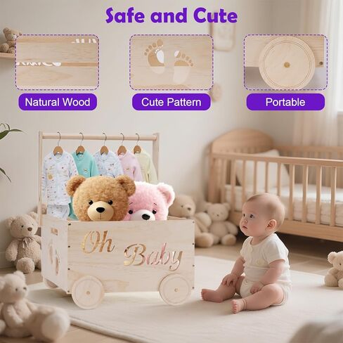 سلال هدايا استحمام الطفل، خزانة خشبية للأطفال هدية للأولاد والبنات حديثي الولادة، صندوق قفص خشبي بمقبض وعجلات، سلة ديكورات استحمام لطيفة مخصصة لحديثي الولادة in Kuwait
