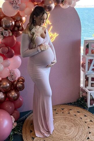 PinkBlush Metallic Off Shoulder Long Sleeve Wrap Maternity Photoshoot Gown/Dres in Saudi Arabia