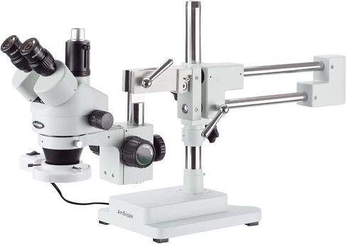 AmScope SM-4TY-FRL Professional Trinocular Stereo Zoom Microscope, WH10x Eyepieces, 7X-90X Magnification, 0.7X-4.5X Zoom Objective, 8W Fluorescent Ring Light, Double-Arm Boom Stand, 110V-240V, Includes 2.0X Barlow Lens in Saudi Arabia