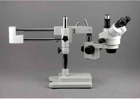 AmScope SM-4TY-FRL Professional Trinocular Stereo Zoom Microscope, WH10x Eyepieces, 7X-90X Magnification, 0.7X-4.5X Zoom Objective, 8W Fluorescent Ring Light, Double-Arm Boom Stand, 110V-240V, Includes 2.0X Barlow Lens in Saudi Arabia