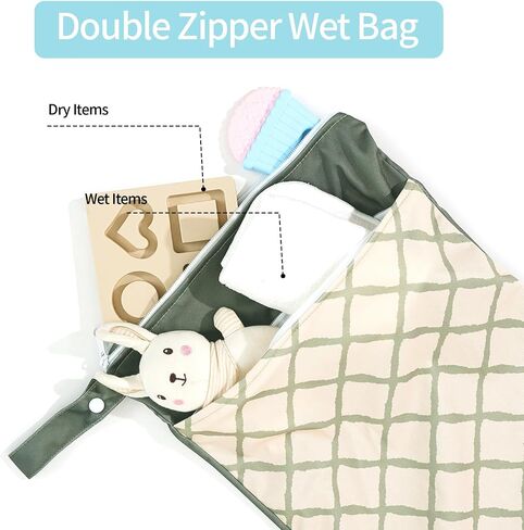 2pcs Wet Bags Waterproof Reusable Wet Dry Bag with Two Zippered Pockets Travel Beach Pool Daycare Yoga Gym Bag for Baby Cloth Diaper,Swimsuits,Wet Clothes (Leaves & Grids) in Saudi Arabia