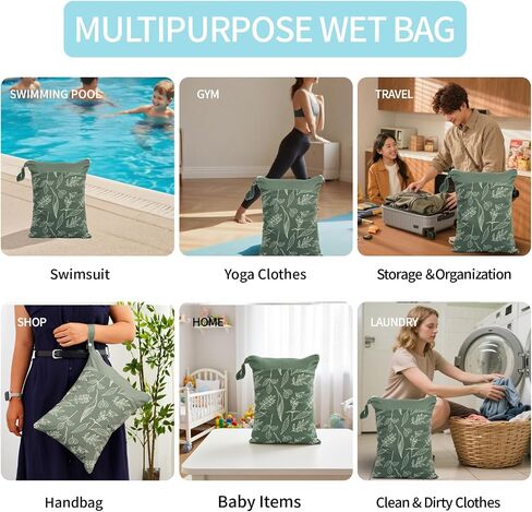 2pcs Wet Bags Waterproof Reusable Wet Dry Bag with Two Zippered Pockets Travel Beach Pool Daycare Yoga Gym Bag for Baby Cloth Diaper,Swimsuits,Wet Clothes (Leaves & Grids) in Saudi Arabia