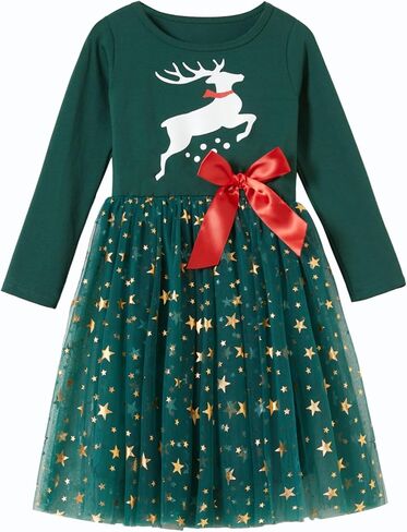 Little Girls Christmas Red Dress Toddler Long Sleeves Green Sparkle Stars Tulle Tutu Party Dresses Xmas Outfits in Kuwait