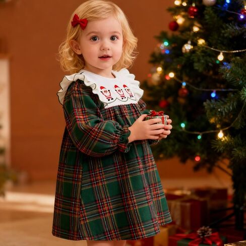 Toddler Baby Girls Christmas Outfit Plaid Dress Christmas Dress Santa Merry Embroidered Fall Winter Holiday Dresses in Saudi Arabia