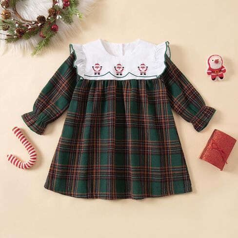 Toddler Baby Girls Christmas Outfit Plaid Dress Christmas Dress Santa Merry Embroidered Fall Winter Holiday Dresses in Saudi Arabia