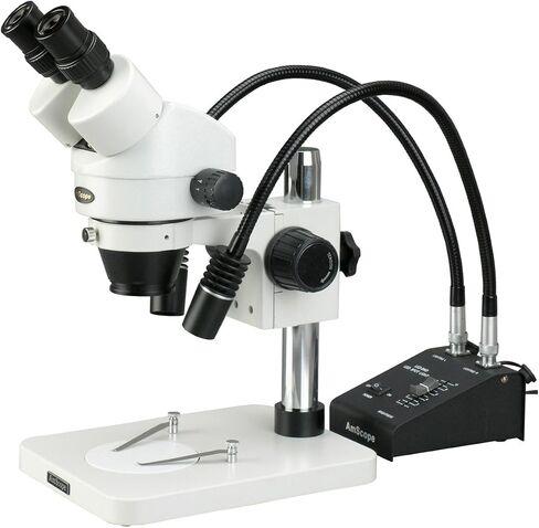 AmScope SM-1BS-L6W مجهر تكبير ستيريو ثنائي العينين احترافي، عدسات WH10x، تكبير 7X-45X، هدف تكبير 0.7X-4.5X، ضوء LED معقوفة 6 وات، حامل عمود، 110 فولت - 240 فولت in Saudi Arabia