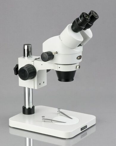 AmScope SM-1BS-L6W مجهر تكبير ستيريو ثنائي العينين احترافي، عدسات WH10x، تكبير 7X-45X، هدف تكبير 0.7X-4.5X، ضوء LED معقوفة 6 وات، حامل عمود، 110 فولت - 240 فولت in Saudi Arabia