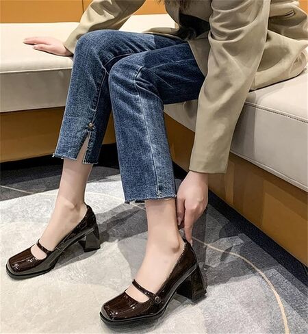 Women's Vintage Square Toe Mary Jane Shoes Brogue Dress Shoes Chunky Mid-Heel Oxford Shoes Slip On Pumps in Saudi Arabia