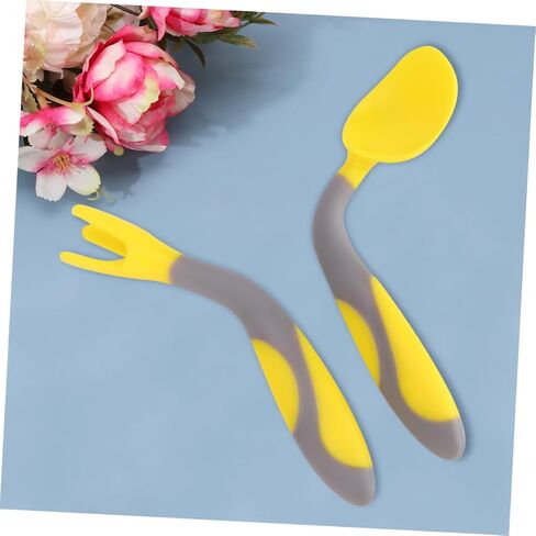 أدوات مائدة للتدريب على أدوات المائدة غير القابلة للانزلاق والشوكة والملعقة المنحنية المقاومة لدرجات الحرارة العالية باللون الأصفر الليموني، أدوات ممارسة تناول الطعام الآمنة والعملية in Kuwait
