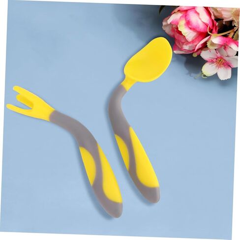 أدوات مائدة للتدريب على أدوات المائدة غير القابلة للانزلاق والشوكة والملعقة المنحنية المقاومة لدرجات الحرارة العالية باللون الأصفر الليموني، أدوات ممارسة تناول الطعام الآمنة والعملية in Kuwait