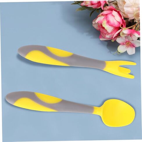 أدوات مائدة للتدريب على أدوات المائدة غير القابلة للانزلاق والشوكة والملعقة المنحنية المقاومة لدرجات الحرارة العالية باللون الأصفر الليموني، أدوات ممارسة تناول الطعام الآمنة والعملية in Kuwait