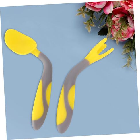 أدوات مائدة للتدريب على أدوات المائدة غير القابلة للانزلاق والشوكة والملعقة المنحنية المقاومة لدرجات الحرارة العالية باللون الأصفر الليموني، أدوات ممارسة تناول الطعام الآمنة والعملية in Kuwait