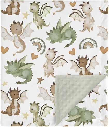 HawSkgFub Cute Green Dragons Mink Baby Blankets with Dotted Backing Boys Shower Gift, Dragon Lover Rainbow Heart Star Double Layer Nursery Swaddle, Soft Newborn Infant Toddler Bed Crib Bedding 30 x 40 in Saudi Arabia