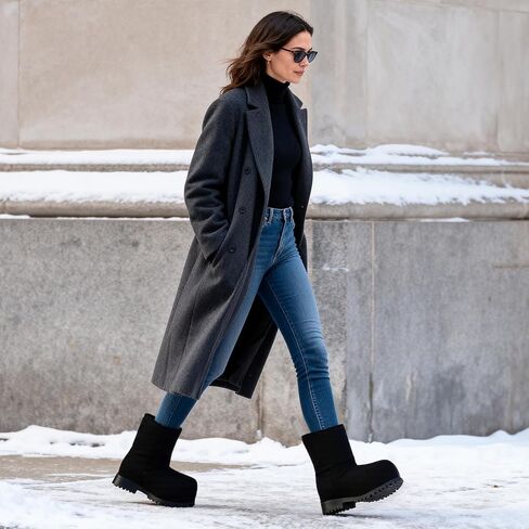 Platform Snow Boots for Women Suede Hippy Fur Boots Mid Calf Slip On Round Toe Winter Booties Comfortable Non-slip in Kuwait
