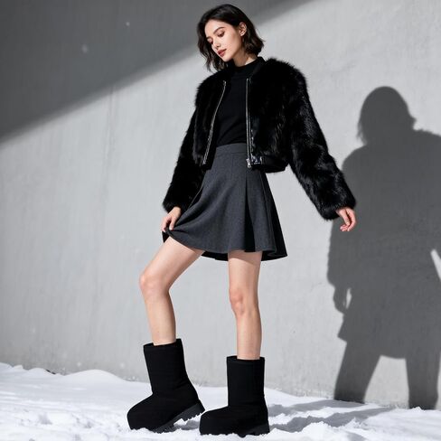 Platform Snow Boots for Women Suede Hippy Fur Boots Mid Calf Slip On Round Toe Winter Booties Comfortable Non-slip in Kuwait