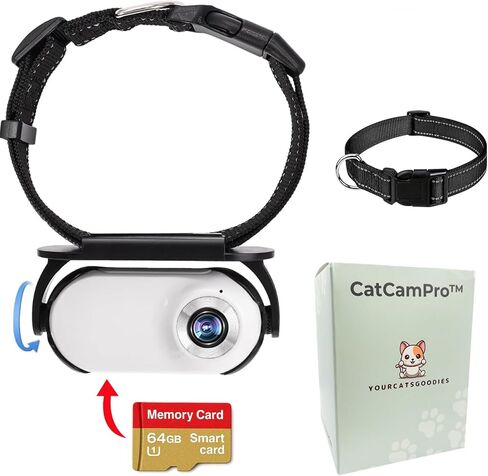 طوق كاميرا Cat Catcampro™ POV تسجيل فيديو بدقة 4 ساعات بدقة 1080 بكسل عالي الدقة مناسب للحيوانات الأليفة * 1M+ متابعو وسائل التواصل الاجتماعي * كاميرا داخلية/خارجية لا حاجة إلى WiFi (أبيض مع بطاقة SD) in Kuwait